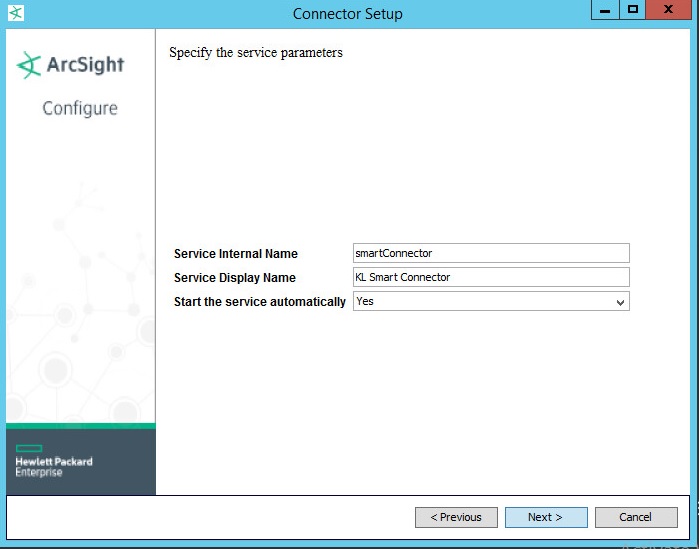 ArcSight の［Specify the service parameters］ウィンドウ。