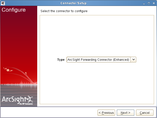 ArcSight の［Select the connector to configure］ウィンドウ。