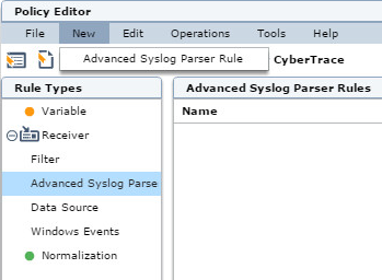 McAfee の［New］→［Advanced Syslog Parser Rule］メニュー項目。