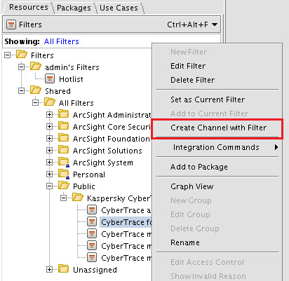 Пункт контекстного меню Create Channel with Filter в ArcSight.