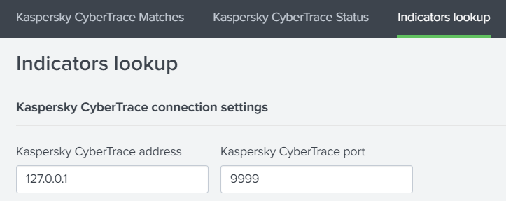 Настройки подключения Kaspersky CyberTrace в Splunk.