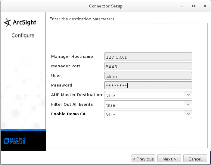 Окно Enter the destination parameters в ArcSight.