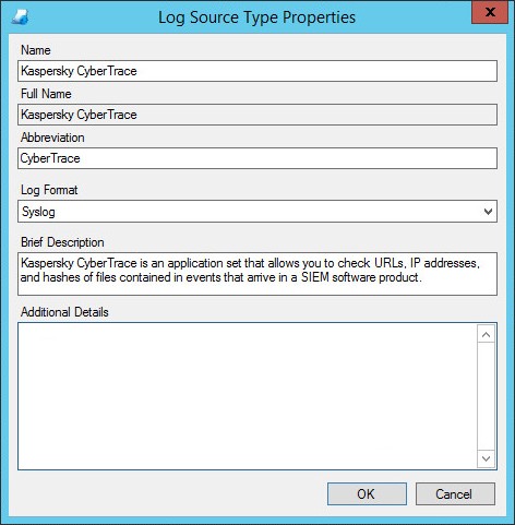 Окно Log Source Type Properties в LogRhythm.