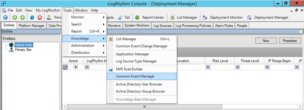 Пункт меню Tools → Knowledge → Common Event Manager в LogRhythm.