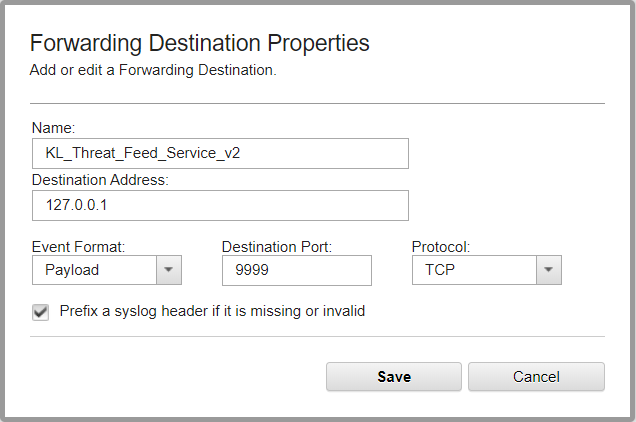 Окно Forwarding Destination Properties в QRadar.