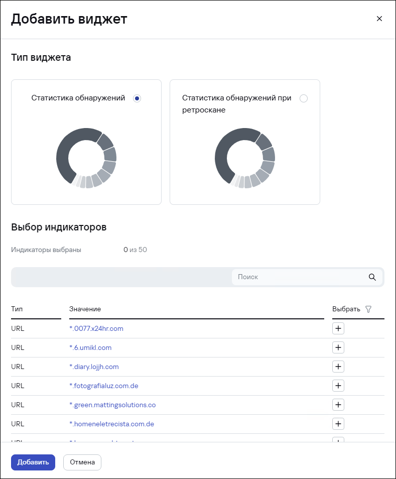 Окно добавления виджета в CyberTrace.