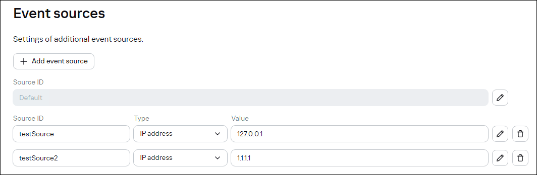 Event sources settings of a tenant