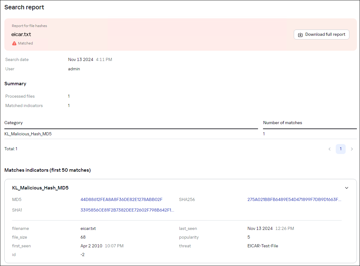 Раздел результатов поиска хешей файлов в CyberTrace.