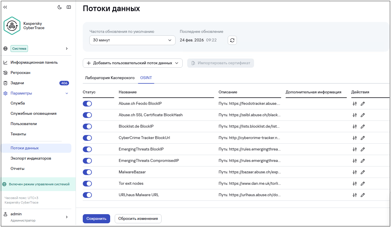 Скриншот окна потоков данных в Kaspersky CyberTrace.