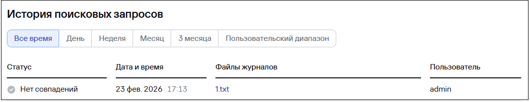 История запросов поиска в файлах журналов в CyberTrace.