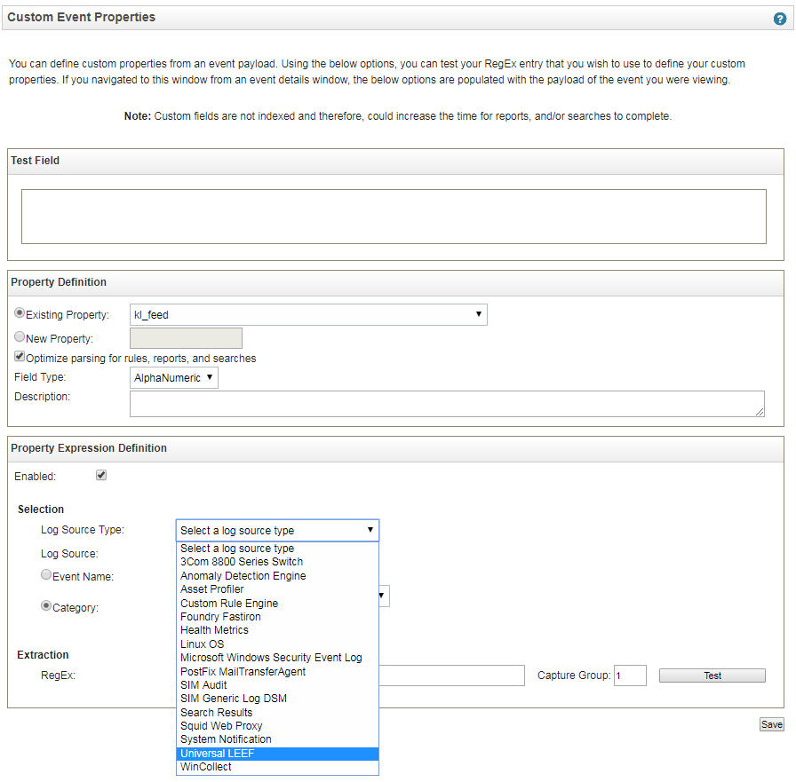 Окно Custom Event Properties в QRadar. Открытый список Log Source Type.