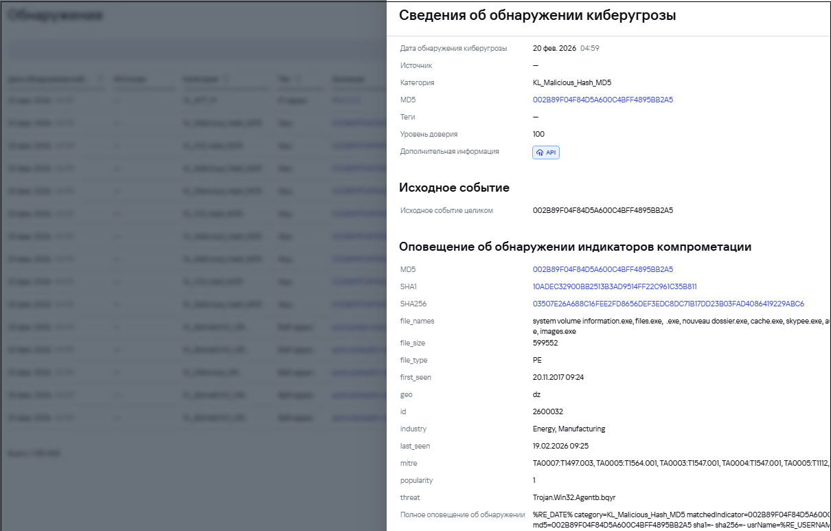 Скриншот окна сведений об обнаружении в Kaspersky CyberTrace.