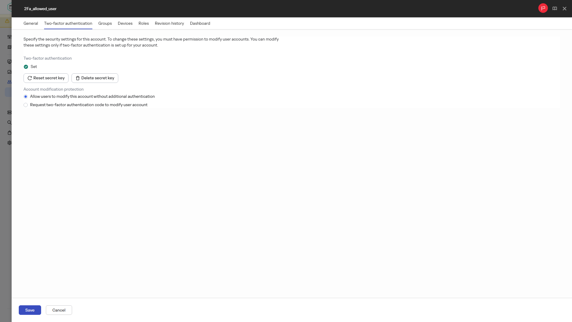 Свойства двухфакторной аутентификации для другой учетной записи пользователя.