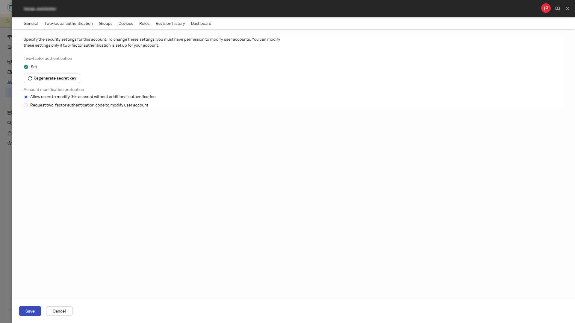 Свойства двухфакторной аутентификации для текущей учетной записи пользователя.