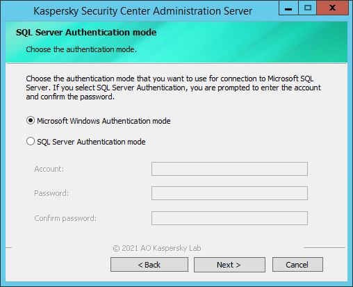 The "SQL Server Authentication mode" window