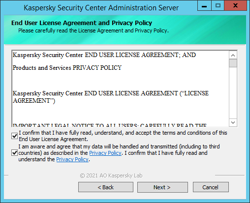 The "End User License Agreement and Privacy Policy" window.