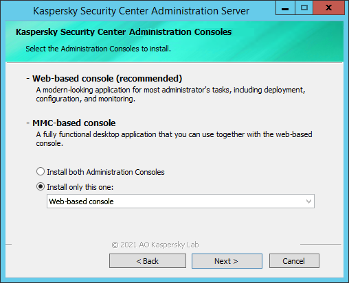 The "Kaspersky Security Center 14.2 Administration Consoles" window