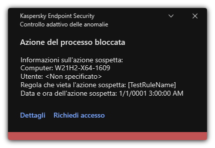 Notifica sull'attivazione di una regola. L'utente può creare una richiesta per consentire un'azione del processo.