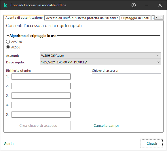 Una finestra con i campi in cui è possibile immettere il contenuto della richiesta dell'utente e un campo per la chiave generata per accedere al disco criptato.