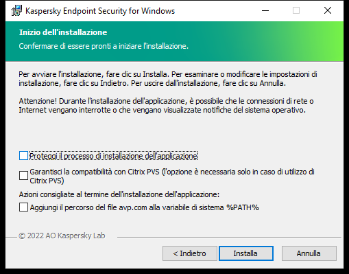 Finestra delle impostazioni di installazione: protezione dell'installazione, compatibilità con Citrix PVS, variabile di sistema per avp.com.