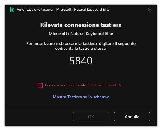 La finestra con il codice di autorizzazione della tastiera. L'utente può attivare la tastiera su schermo e immettere il codice.