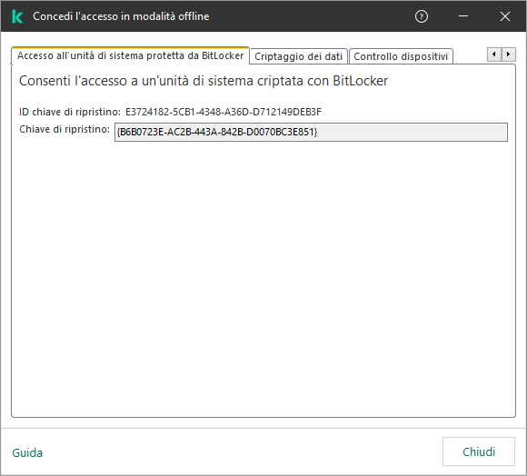 Una finestra con la chiave per ripristinare l'accesso all'unità di sistema criptata.