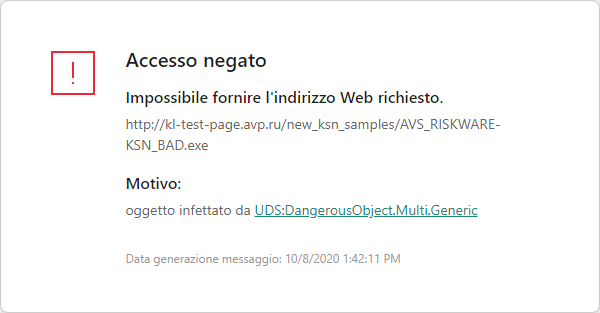 Notifica di Kaspersky sulla prevenzione del caricamento di oggetti dannosi nella finestra del browser.