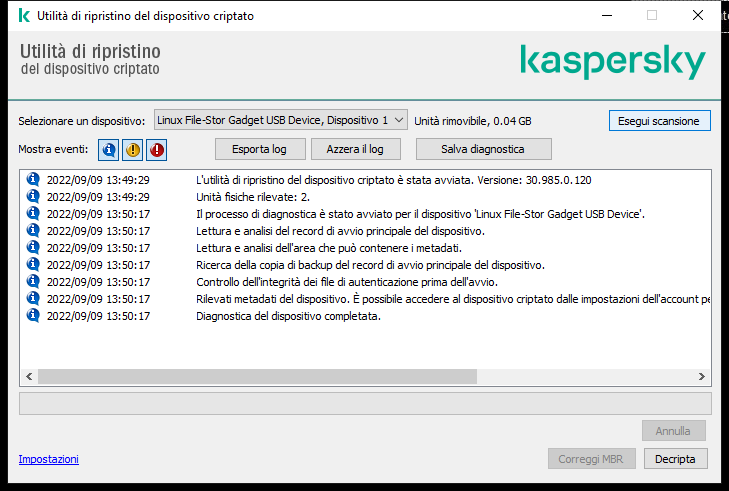 Una finestra con l'elenco degli eventi di utilità. L'utente può eseguire la diagnostica e decriptare il dispositivo selezionato.