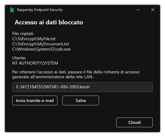 Una finestra con un file di richiesta per accedere ai dati criptati. L'utente può salvare il file generato su disco o inviarlo via e-mail.