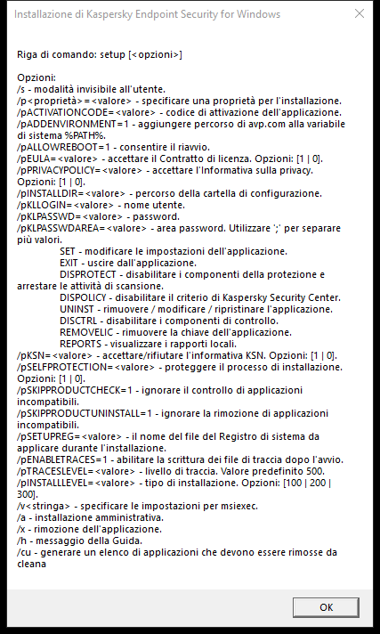 Finestra con le descrizioni delle opzioni di comando per installare l'applicazione tramite CMD.