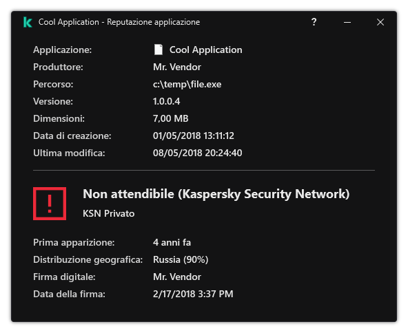 La finestra contiene informazioni sulla reputazione del file e altri dati, come la presenza di una firma digitale.