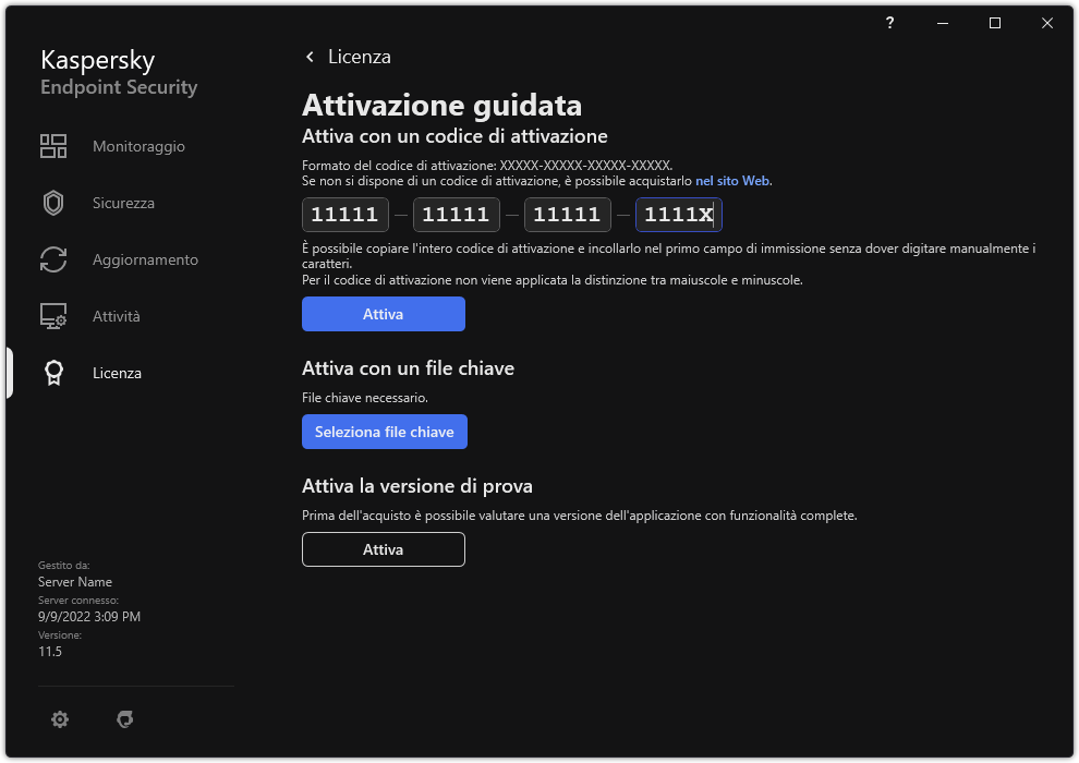 Finestra con gli strumenti di attivazione dell'applicazione. L'utente può immettere un codice di attivazione o selezionare un file chiave.