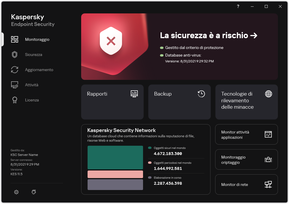 Finestra principale dell'applicazione in presenza di minacce non elaborate. Viene visualizzato il messaggio "La sicurezza è a rischio".