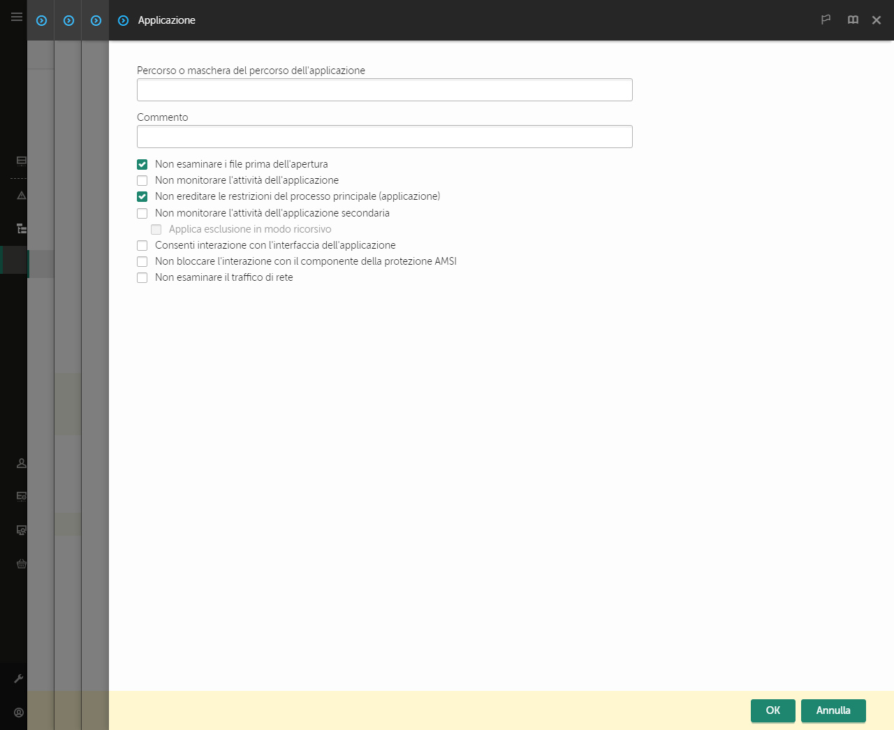 Una finestra con un campo in cui è possibile inserire il percorso dell'applicazione attendibile. È possibile utilizzare maschere.