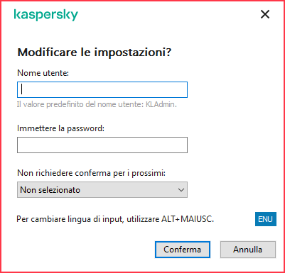 La finestra contiene i campi per l'immissione del nome utente e della password. L'utente può selezionare un periodo di tempo durante il quale l'applicazione non richiede la password.