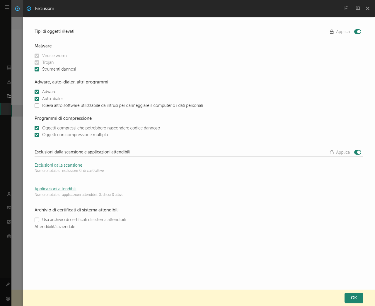 Finestra delle impostazioni di esclusione. L'utente può aggiungere esclusioni e applicazioni attendibili.