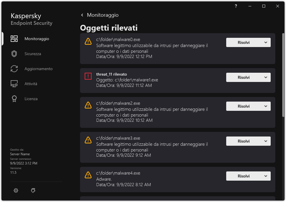 Una finestra con l'elenco degli oggetti rilevati. Vengono visualizzate informazioni sull'oggetto. L'utente può risolvere o rimuovere l'oggetto.