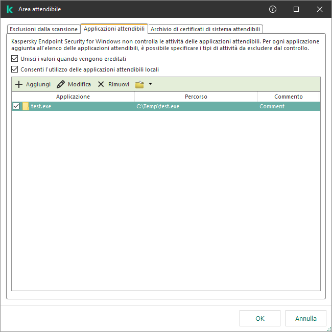Una finestra con l'elenco delle applicazioni attendibili. L'utente può aggiungere, modificare o rimuovere un'applicazione attendibile.