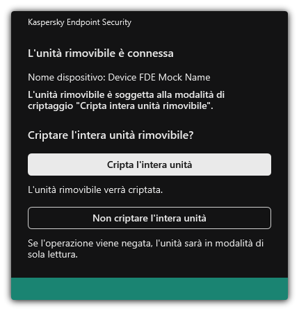 Notifica relativa a un'unità connessa con il criptaggio dei file abilitato. L'utente può criptare i file o rifiutare.