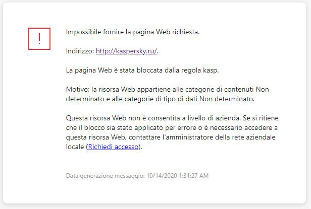 Notifica di Kaspersky relativa al blocco dell'accesso alla pagina Web nella finestra del browser. L'utente può creare una richiesta per accedere alla risorsa Web.