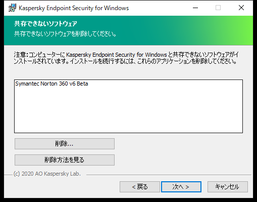 共存できないソフトウェアのリストが表示されたインストーラーのウィンドウ。ユーザーは共存できないソフトウェアのアンインストールを開始できます。