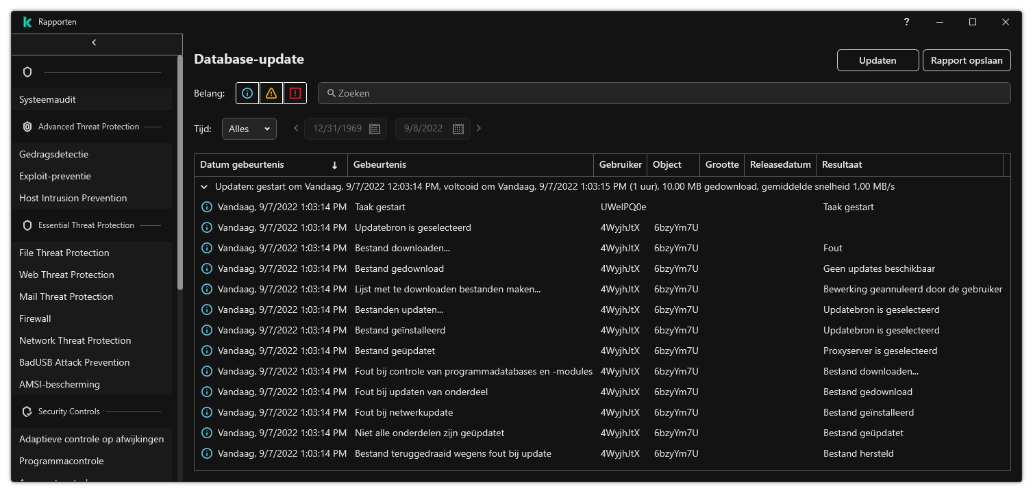 Een venster met de lijst van evenementen in het rapport. De gebruiker kan gebeurtenissen filteren/sorteren en rapporten opslaan in een bestand.