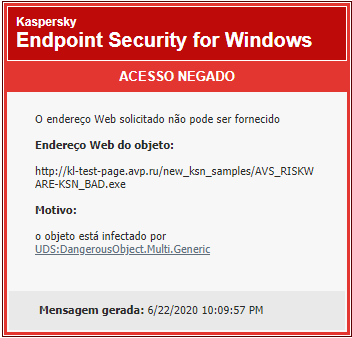 Notificação da Kaspersky sobre impedir que objetos maliciosos sejam carregados na janela do navegador.