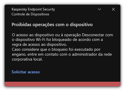 Notificação de conexão Wi-Fi bloqueada. O usuário pode criar uma solicitação para conectar à rede Wi-Fi.