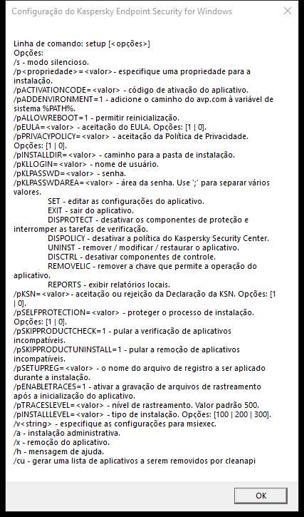 Janela de dica de ferramenta descrevendo as opções de comando para instalar o aplicativo por meio de CMD.