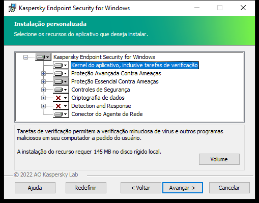 Janela do instalador com uma lista de componentes que podem ser selecionados pelo usuário.