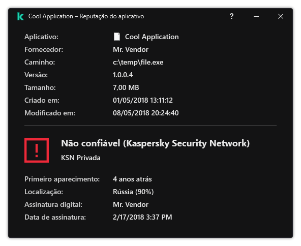 A janela contém informações sobre a reputação do arquivo e outros dados, como a presença de uma assinatura digital.