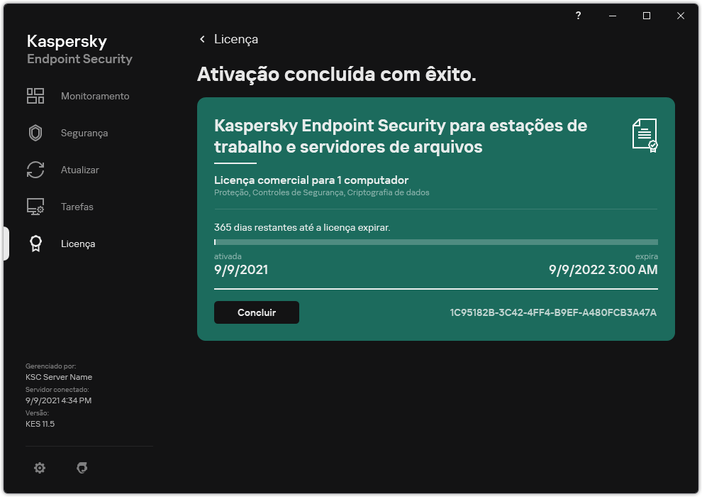 A janela contém informações sobre a licença: data de vencimento, funções disponíveis e outras informações.