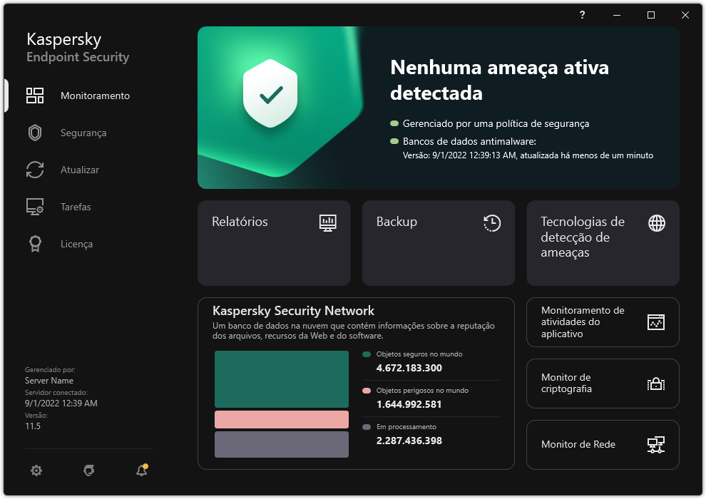 A janela principal do aplicativo contém seções para monitoramento de segurança do computador e controle de aplicativos.