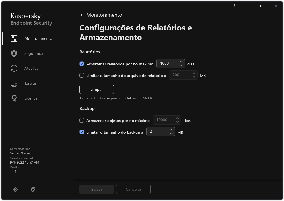 Janela Configurações de relatórios e armazenamento. O usuário pode definir o tamanho e limitar o tempo de armazenamento de relatórios e objetos no repositório.